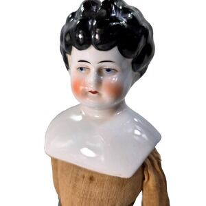 1881 ANTIQUE 14" German China Head Doll Black Hair Cloth Body Porcelain Limbs